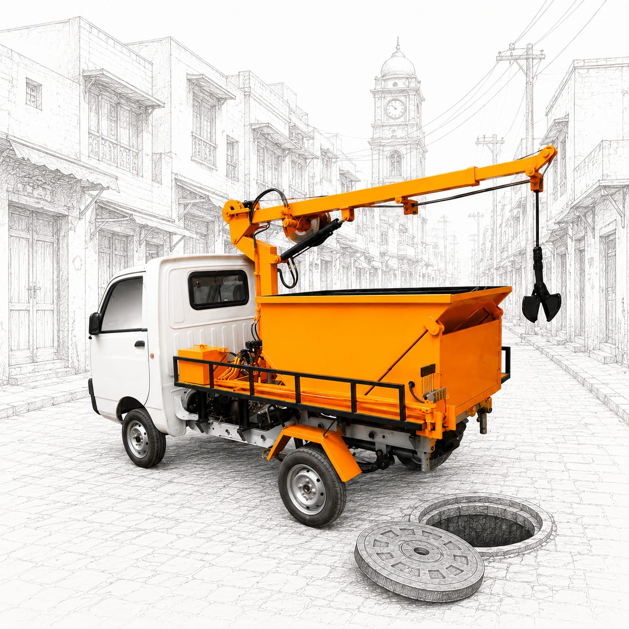 Javaid Industrial Company | Javaid Industrial Company Pvt Limited - Jic Pakistan | Jic Pakistan Jic Hydraulic Desilting Machine Cleaning An Open Sewer Manhole On A Pakistani Old-Town Street For Municipal Drain Maintenance.