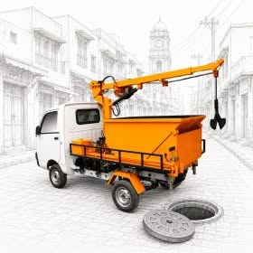 JIC hydraulic desilting machine cleaning an open sewer manhole on a Pakistani old-town street for municipal drain maintenance.